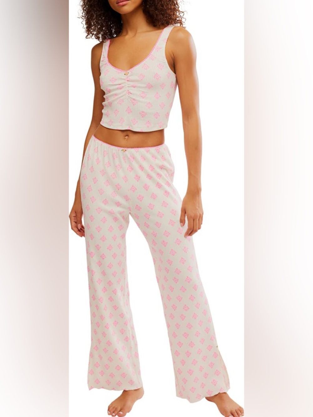 Free People Size L Matching Pajama Tank & Pant Set •Ivory w/Pink Motif Print NWT